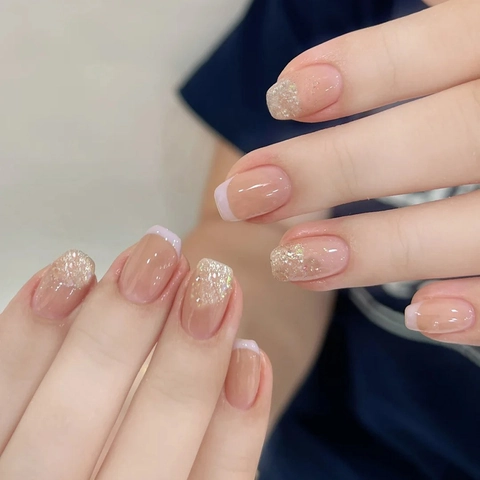 French Style Glitter Nude Transparent Press On Nails Short Square Round Shape False Nails Elegant Manicure