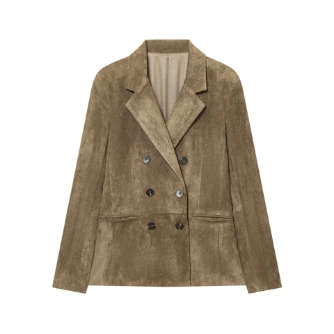 Retro Dames Blazer Van Imitatie-Suède Double Breasted Reverskraag Lange Mouwen Effen Kleur Streetwear Jas