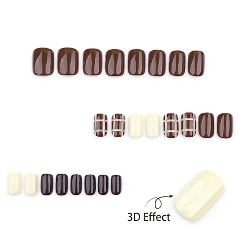 Press On Nails Short Square Fake Nails Dark Brown Plaid Pattern Textured Sweater Pattern Autumn Winter Glossy For Women