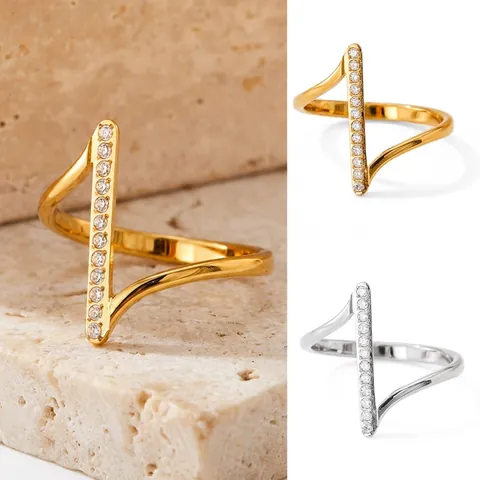 Roestvrij Staal Cubic Zirconia Open Ring Verstelbaar Minimalistisch Geometrisch Verticale Balk Sieraden Voor Vrouwen