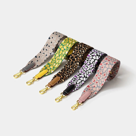 Replacement Wide Bag Strap Leopard Print Jacquard Webbing Leather Connectors Shoulder Belt For Handbags Vintage Style