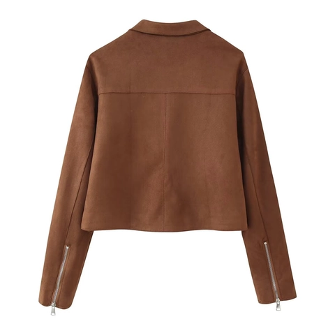 Women Faux Suede Jacket Short Coat Lapel Zipper Casual Outerwear Solid Color Long Sleeve Streetwear