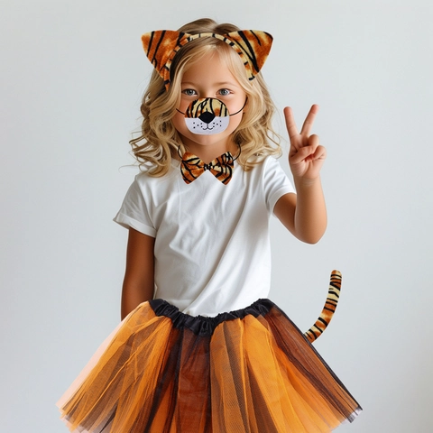 Cerchietto Orecchie Da Tigre Con Coda Papillon Maschera E Gonna Tutu Bambini Halloween Cosplay Accessori Peluche