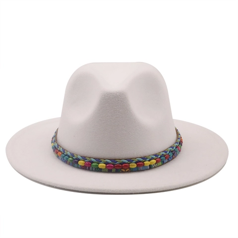 Cappello Fedora Donna Uomo Tesa Larga Piatta Feltro Fascia Intrecciata Etnica Perline Colorate Jazz Vintage Protezione Solare