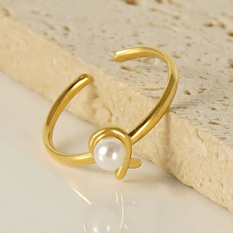 Künstliche Perle Offener Ring Edelstahl 18K Vergoldet Verstellbar Geometrisch Twist Knoten Elegant Mode Schmuck Für Damen