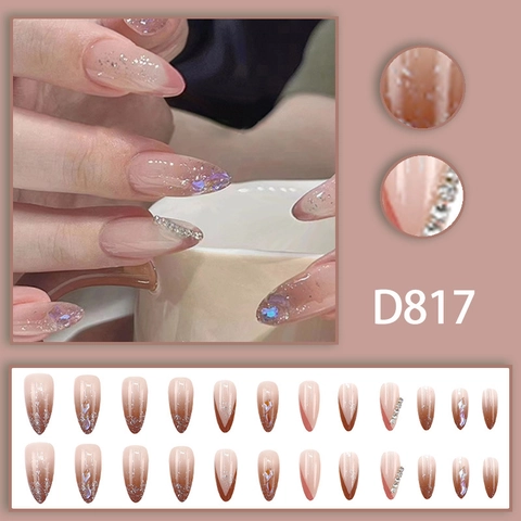 Französische Press On Nails Verlauf Rosa Braun Mandelform Glitzer Strass Süßer Cooler Stil Für Frauen