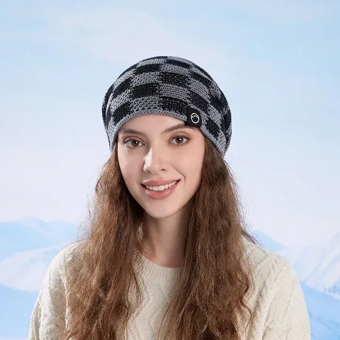 Checkered Knit Beanie Winter Hat Men Women Acrylic Fleece Lined Warm Outdoor Windproof Ear Protection Pullover Cap