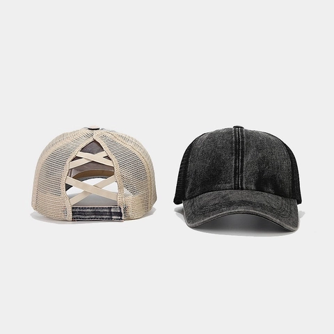 Gorra De Béisbol Para Mujer Con Cola De Caballo Denim Algodón Lavado Malla Transpirable Diseño Cruzado Moño Alto Deporte