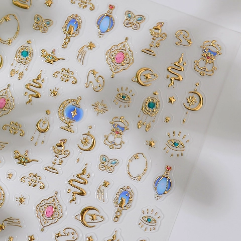 Reliëf Nagelstickers Ster Maan Metallic Vergulden Vintage Magische Lamp Stijl Waterdicht DIY Nagelkunst Decals Maniküre