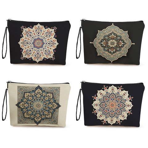 Neceser De Maquillaje Con Estampado Geométrico De Mandala Tela De Lino Bolsa De Cosméticos Con Cremallera Correa De Muñeca Organizador De Viaje
