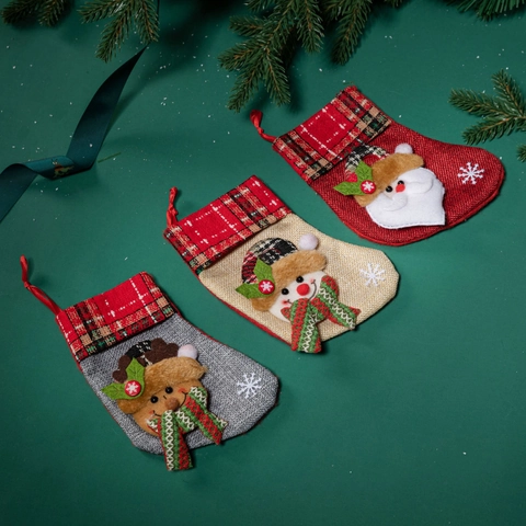 Christmas Stocking Linen Fabric 3D Santa Snowman Elk Hanging Ornament Festive Holiday Gift Bag Home Decor