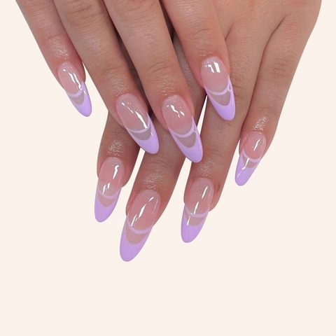 Lavender Purple French Tip Press On Nails Double Curve Almond Shaped Glossy Artificial False Nails For Women