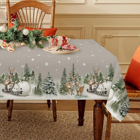 Tafelkleed Rechthoekig Polyester Waterdicht Kerst Sneeuwpop Rendier Bedrukt Grijs Feestdagen Eettafel Decoratie