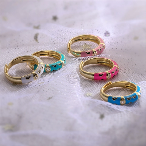 Kupfer Vergoldet Emaille Herz Muster Verstellbarer Offener Ring Mikro Eingelegt Strass Schmuck Für Damen Täglich