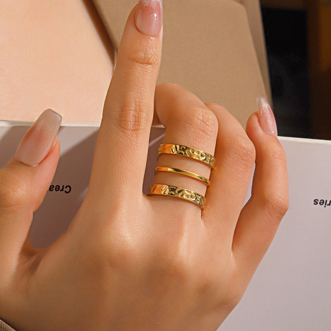 Ring Edelstahl Damen 18K Vergoldet Mehrlagig Hammerschlag Textur Verstellbar Offen Band Mode Hip Hop Schmuck
