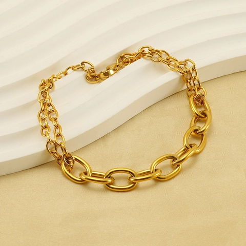 Bracelet Chaîne Double Couche En Acier Inoxydable Plaque Or Gros Maillons Ovales Ajustable Bijoux Mode Minimaliste