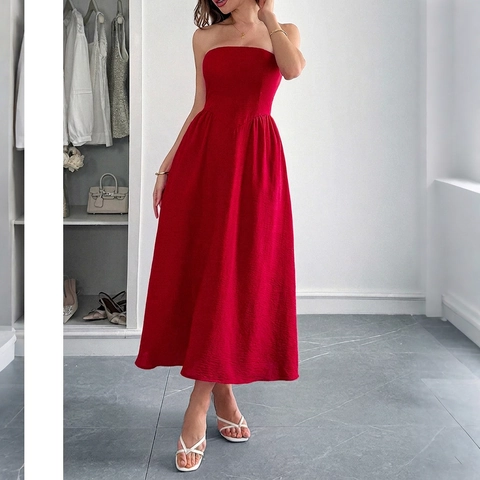 Elegante Strapless Maxi Jurk Voor Dames Polyester Getextureerd Hoge Taille A-Lijn Lange Avondjurk Met Zakken