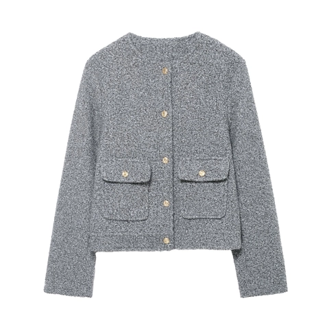 Veste En Tweed Femme Col Rond Elégante Bouton Doré Courte Bouclé Vêtements D'Extérieur Manches Longues Gris Automne