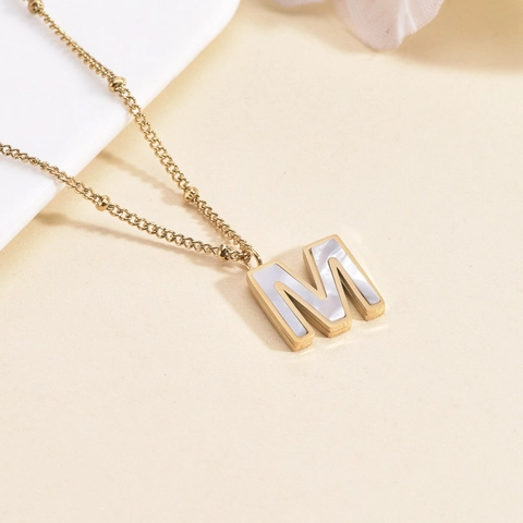 Letter M Initial Pendant Necklace Gold Plated Stainless Steel White Mother Of Artificial Pearl Shell Beaded Chain For Women
