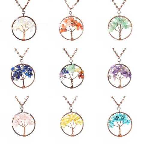 Tree Of Life Pendant Necklace Handmade Wire Wrapped Copper Natural Crushed Stone Crystal Bohemian Reiki Chakra Jewelry For Women