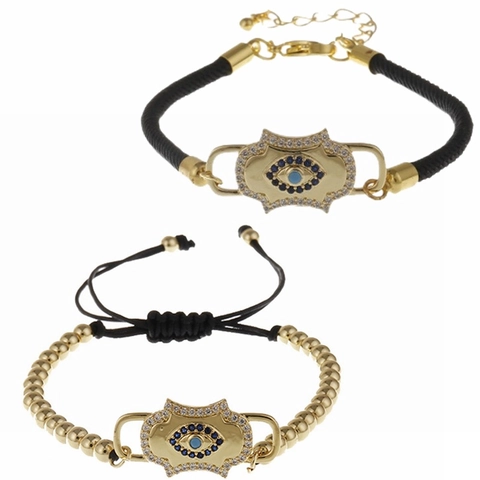 Evil Eye Bracelet Gold Plated Copper Micro Pave Zircon Adjustable Braided Milan Rope Hamsa Hand Jewelry