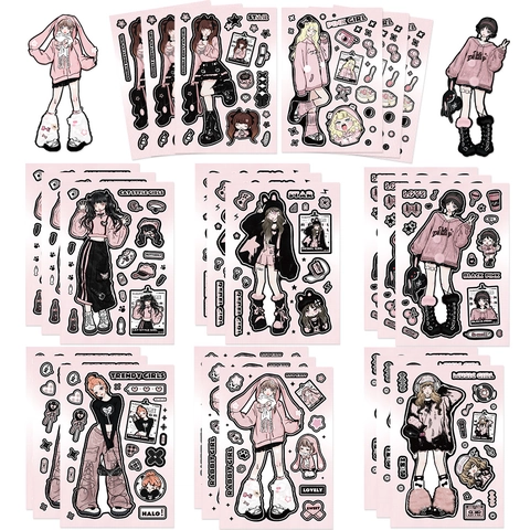 Originali Adesivi Fai da Te Cartoon Girl Sweet Cool Rosa Nero Y2K Adesivi per Scrapbooking Custodia per Telefono Decorazione