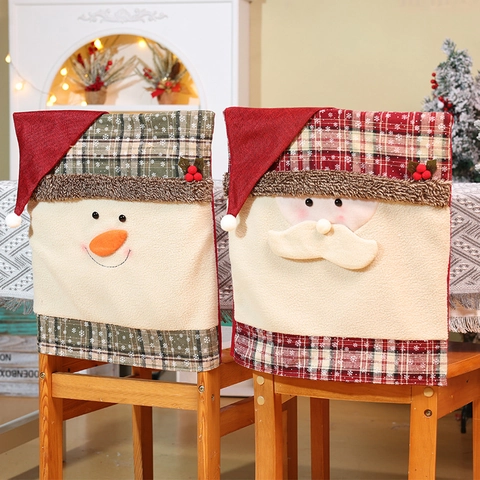 Christmas Chair Back Cover Fleece Fabric Cartoon Santa Claus Snowman Dining Room Party Hotel Festival Decoration Home Ornament