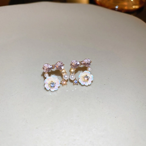 Zoete Bloemen Boog Oorknopjes Legering Strass Imitatieparel Met Zilveren Oorbelpootje Elegante Hart Sieraden Voor Vrouwen