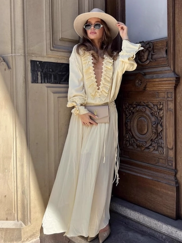 Women Ruffle V Neck Long Sleeve Pleated Top And Long Skirt Set Elegant Light Yellow Vacation Chiffon Style Outfit