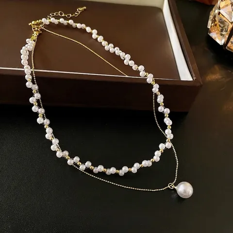 Dubbele Gelaagde Imitatie Kunstparel Ketting Franse Elegante Gouden Ketting Met Hanger Clavicle Sieraden Voor Dames