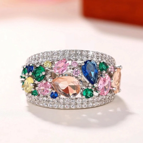 Exaggerated Colorful Teardrop Finger Ring For Women Copper Inlaid Zirconia Geometric Multi Color Gemstone Luxurious Ring
