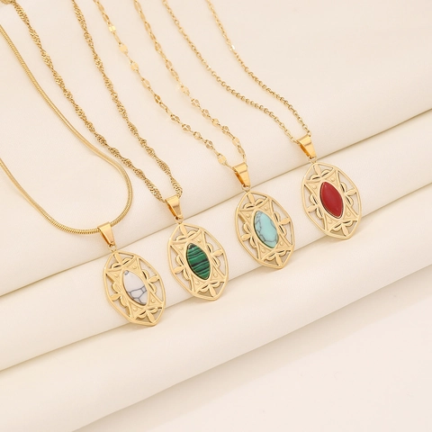 Collana Con Pendente Ovale Vintage Acciaio Inossidabile Pietra Naturale Cavo Gioielli Oro Per Donna Retrò