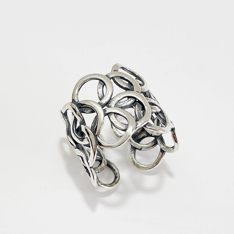 925 Sterling Silver Ring Vintage Interlocking Circles Distressed Hollow Adjustable Open Finger Jewelry For Women