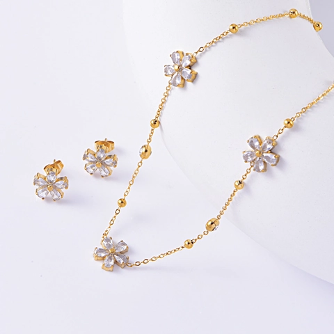 Flower Necklace Stud Earrings Bracelet Stainless Steel Cubic Zirconia Elegant Jewelry For Women Gold Plated Summer