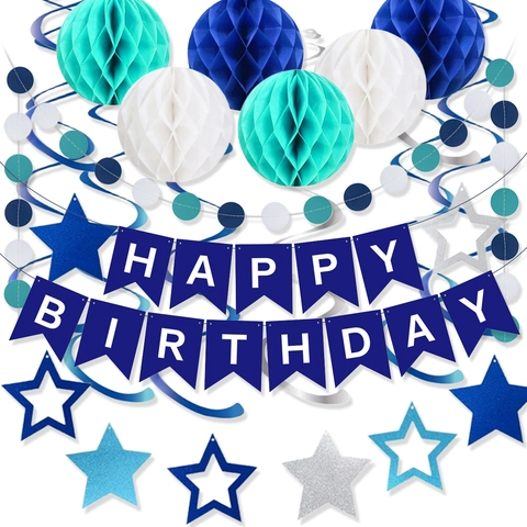 Royal Blue Birthday Party Decoration Banner Honeycomb Balls Star Swirls Circle Paper Garland Hanging Ornament For Boys