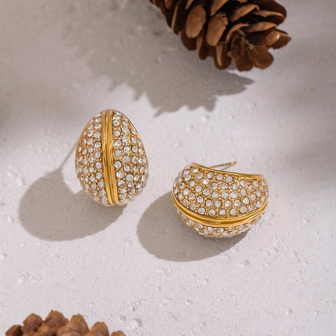 Geometric Oval Stud Earrings Rhinestone Stainless Steel PVD Gold Plated Waterproof Statement Jewelry For Women