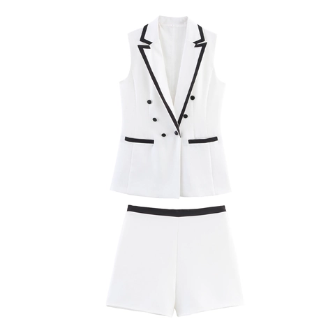 Women Contrast Color Sleeveless Vest And Shorts Professional Double Breasted Waistcoat Elegant Office Wear Polyester White