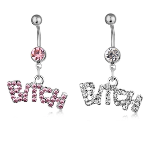 Belly Navel Ring Stainless Steel Curved Bar Sparkly Rhinestone Letter Pendant Body Piercing Jewelry For Women Fashion