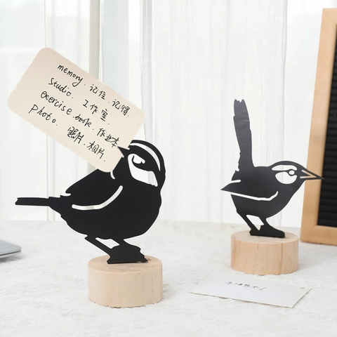 Modern Minimalist Iron Bird Silhouette Memo Clip With Wooden Base Desktop Ornament For Home Office Decor Photo Card Holder
