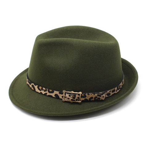 Vintage Wollen Fedora Hoed Voor Dames Heren Luipaardprint Band Metalen Gesp Jazz Cap Brede Rand Herfst Winter Warme Hoed