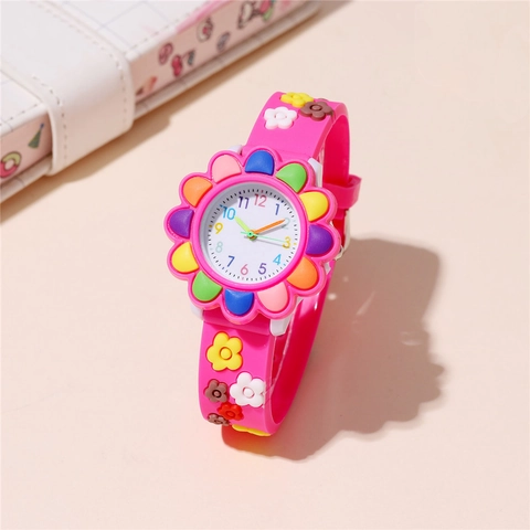 Kids Quartz Watch Sunflower Design Silicone Strap Colorful Arabic Numerals Cartoon Sweet Timepiece For Girls