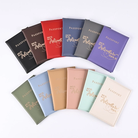 PU Leather Passport Holder Travel Cover Gold Stamping Adventure Quote Document Organizer Wallet For Men Women