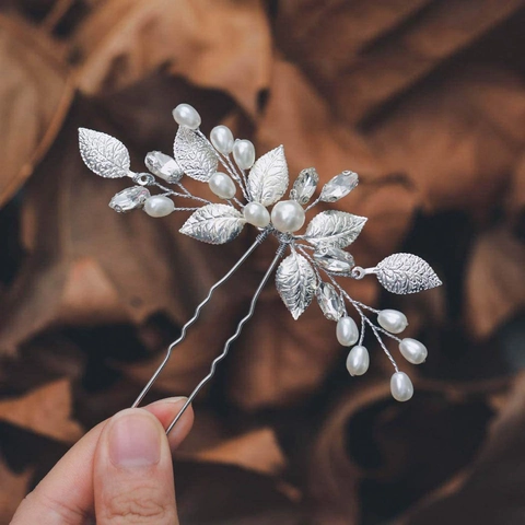 Silver Leaf Bridal Hairpin With Faux Artificial Pearl And Rhinestone Elegant U-Shaped Hair Clip For Wedding Headpiece For Women