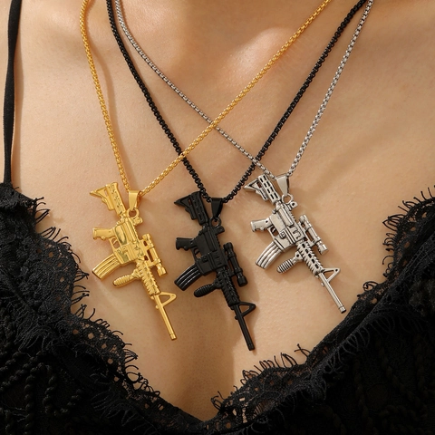 Hip Hop Iced Out Rhinestone Gun Pendant Necklace Alloy AK47 Handgun Rifle Shape Chain Necklace For Men Women Punk Jewelry
