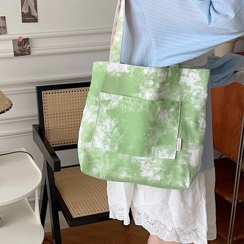 Borsa Tote In Tela Tie Dye Vintage Grande Capacità Borsa A Tracolla Con Tasca Frontale Per Donna Casual Streetwear Art