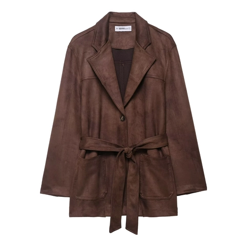 Damen Mode Wildlederoptik Jacke Mit Gürtel Einreihig Reverskragen Lässiger Mantel
