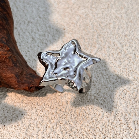 Anello Aperto Stella Acciaio Inossidabile Placcato Oro Trama Metallo Liquido Regolabile Pentagramma Stile Francese Gioielli