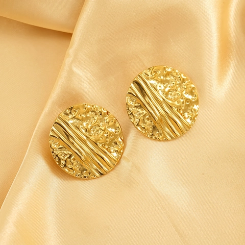 Runde Ohrstecker 18K Vergoldeter 304 Edelstahl Gehämmertes Design Retro Ins Stil Mode Schmuck Für Frauen