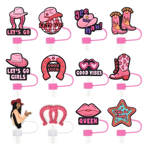Rietje Covers Western Cowgirl Siliconen Stofdicht Herbruikbaar Roze Decoratieve Accessoires Voor Rietjes