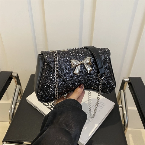 Sparkly Glitter Sequin Hobo Bag For Women With Metal Bowknot And Chain Strap Fashion Evening Party Shoulder Purse